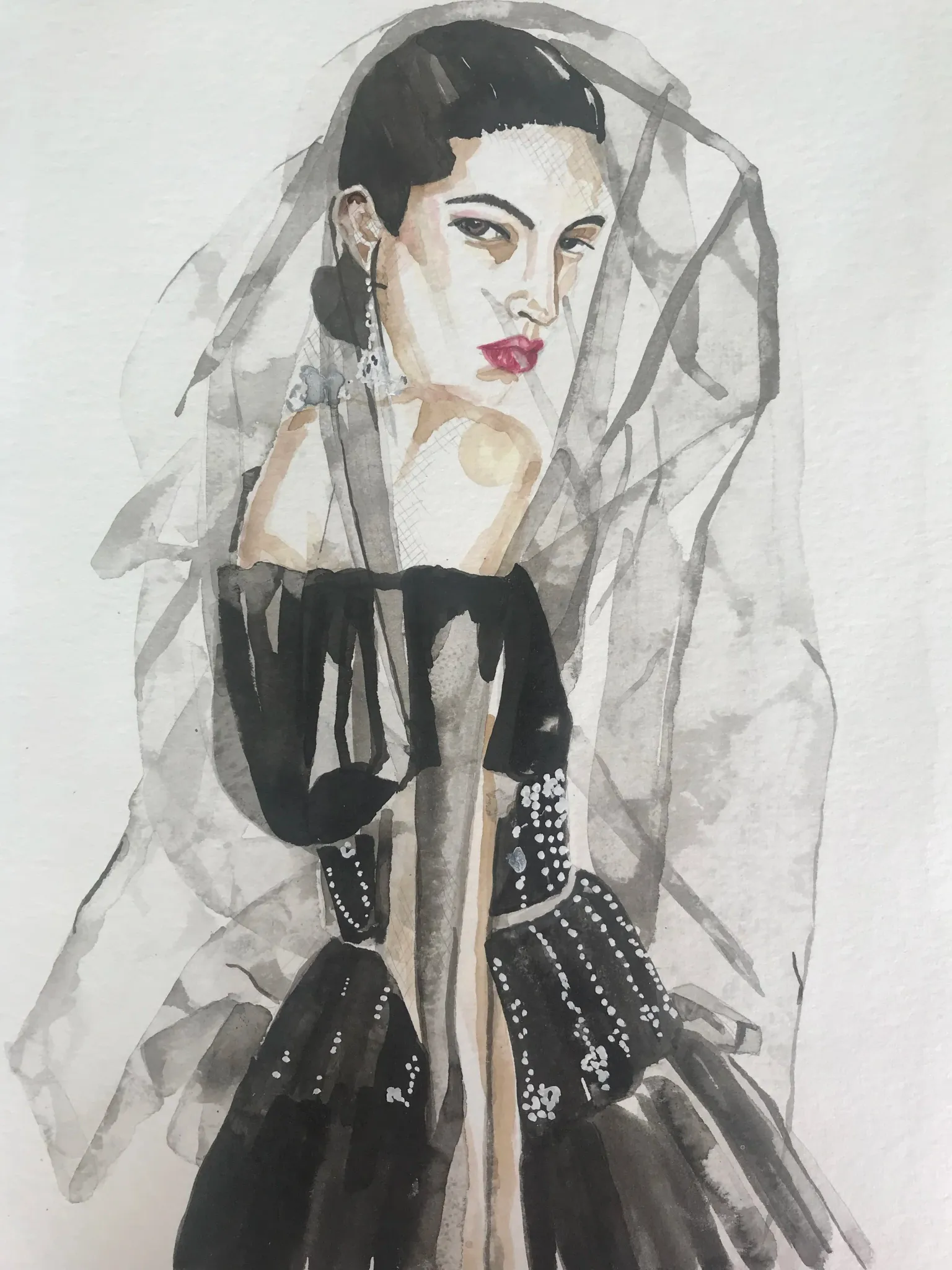 Simone Rocha catwalk illustration in ink and watercolour by Tracey Smith.