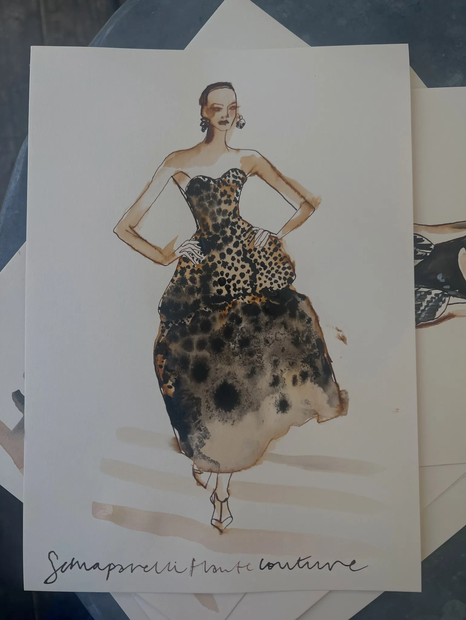 Catwalk look illustrated in ink and watercolour by Tracey Smith.