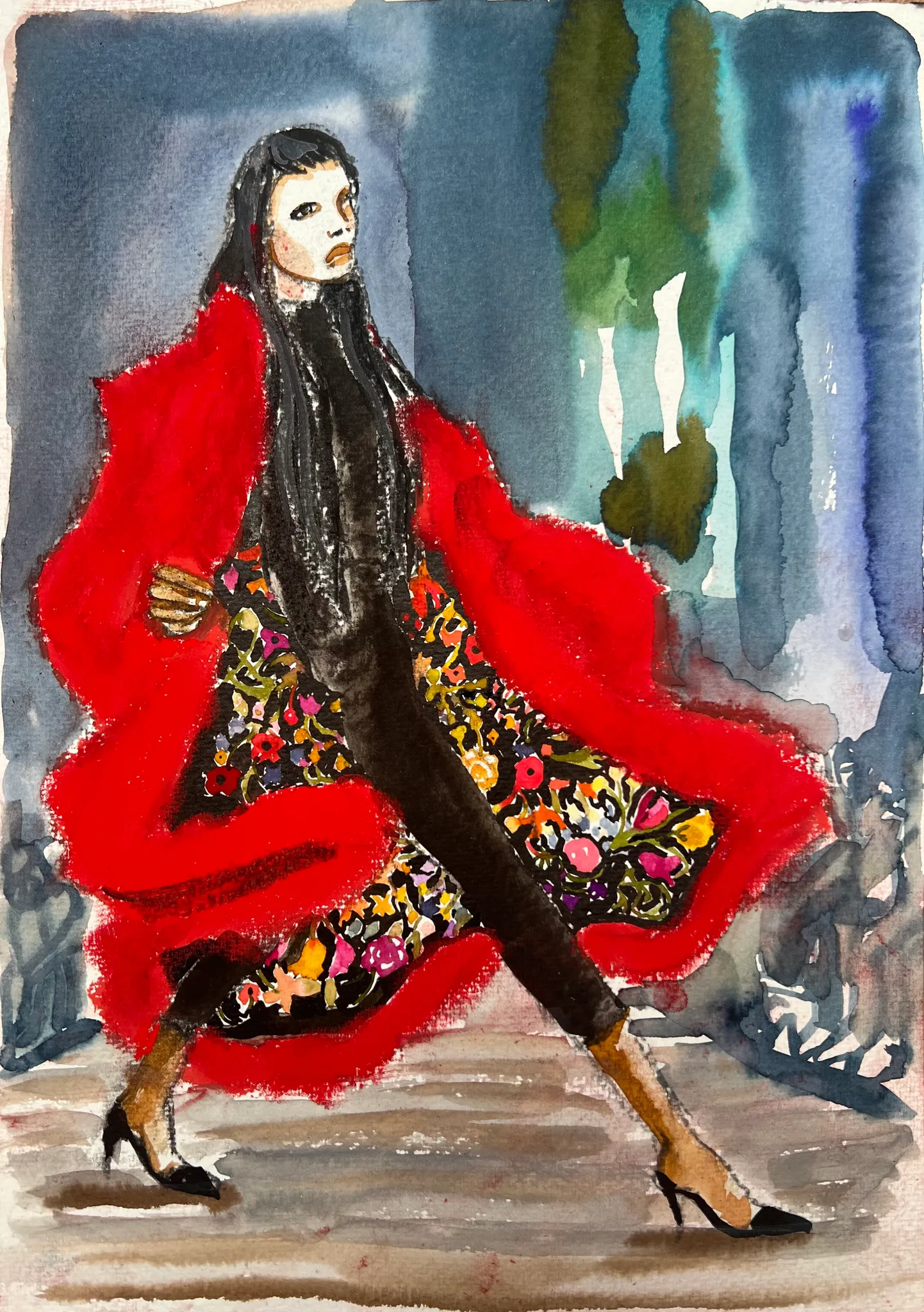Catwalk look illustrated in ink and watercolour by Tracey Smith.