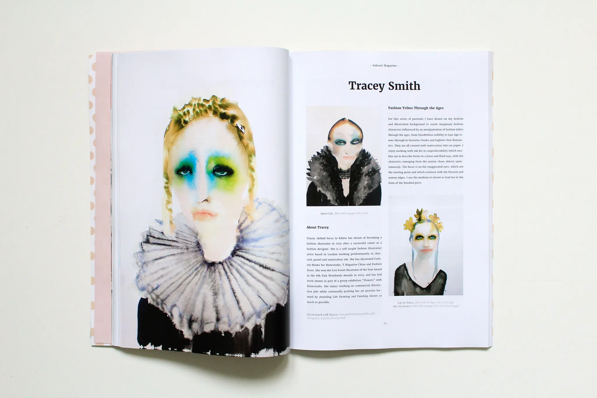 Open book showing Inky Faces illustrations by Tracey Smith.
